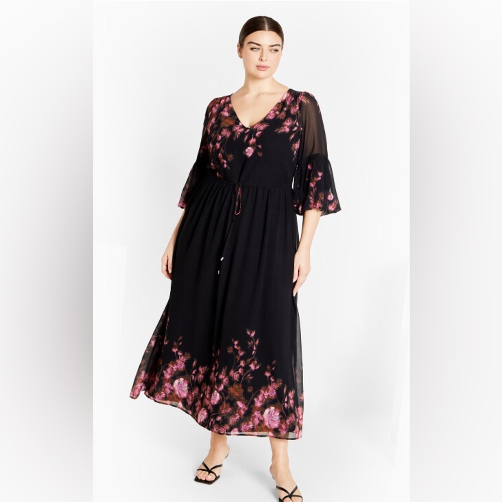 City Chic Romance border Floral Black and Pink Women's Dress size 12 NWT